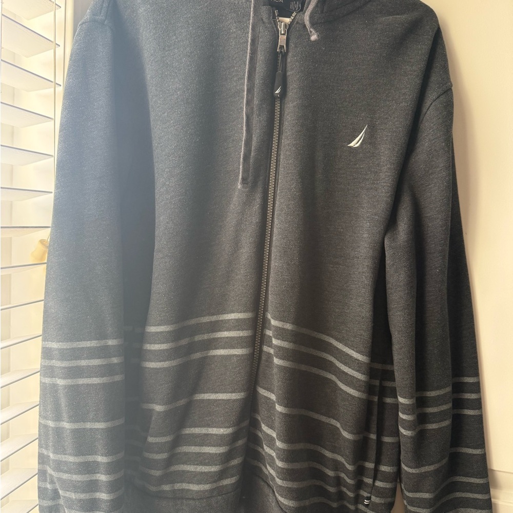 Nautica Men's Zip-Up Hoodie in Gray with Lighter Gray Stripes